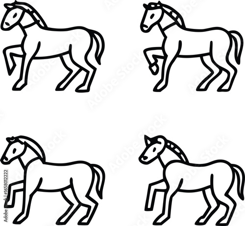Minimalist Horse Silhouette Set. Four Stylized Equine Line Art Graphics. Black Horse Movement and Pose Vector Collection.
