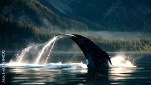 Majestic humpback whale breaches gracefully in serene coastal waters.
