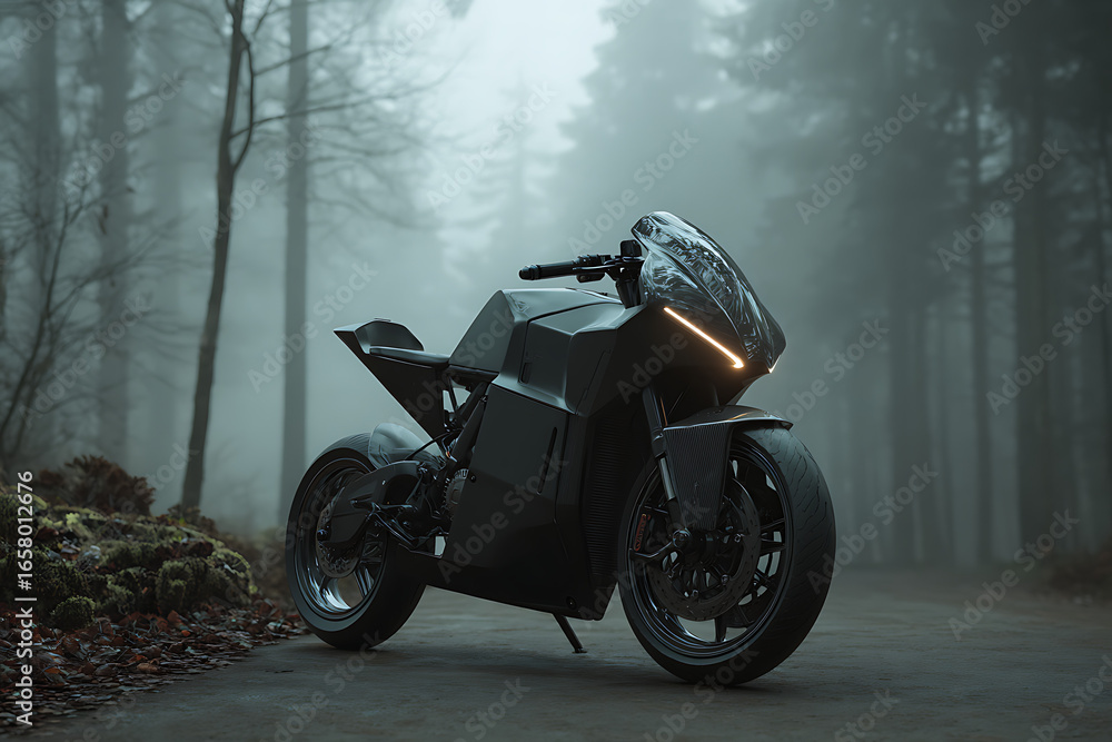 Fototapeta premium Sleek black futuristic motorcycle with glowing headlights parked on a misty forest road, evoking adventure and modern design.