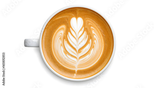 Top view of a hot cappuccino coffee cup with heart-shaped rosetta latte art foam isolated on a white background.