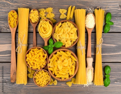 Assorted Pasta Types on Wooden Surface