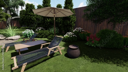 3d image of the landscape design of the home territory. Landscaping of the territory. Computer visualization of composite landscaping and landscaping solutions.