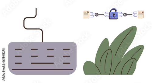 Computer keyboard and encrypted data transfer with a digital lock emphasize secure communication. Green plant accentuates eco-friendly tech. Ideal for technology, cybersecurity, privacy, encryption
