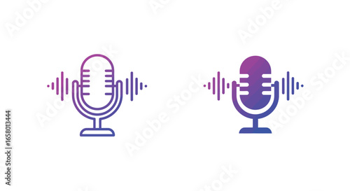 Stylized gradient microphone symbols with sound wave indicators on a white background.