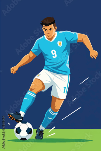 Football Player Kicking a Ball in a Soccer Match on a Blue Background