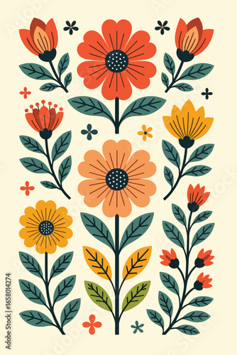 Vibrant Folk Art Inspired Floral Pattern With Stylized Blossoms and Leaves
