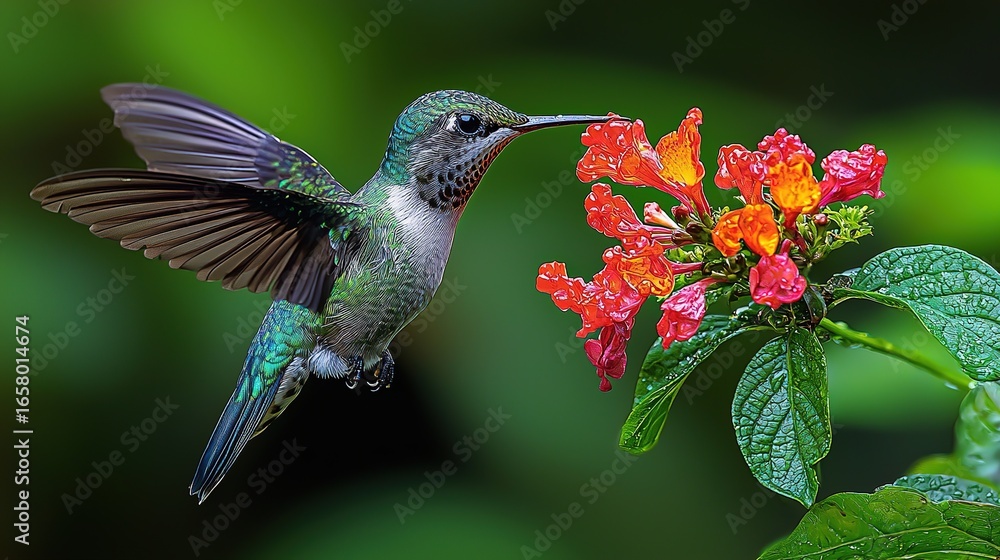 Fototapeta premium Purple Hummingbird Feeding on Red Flower in Costa Rican Rainforest, Hyper-Detailed Render with Natural Light and Green Bokeh 
