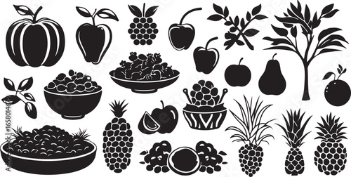 Silhouette Abundance Artistic Depiction of Diverse Fruits Apple Cherry Raspberry Pear Orange and Pineapple in Black and White