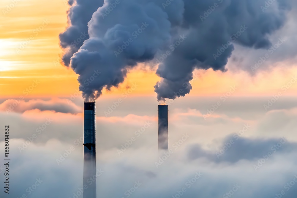 Obraz premium Smokestacks Emitting Smoke at Sunrise Above a Sea of Fog and Clouds