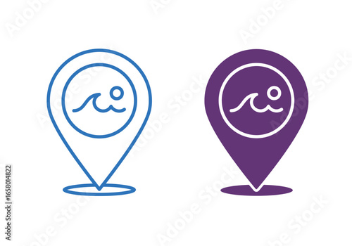 Two map location pins with beach and sun icons, representing coastal travel destinations.