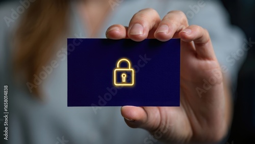 Wallpaper Mural Woman Holding Dark Blue Business Card with Glowing Yellow Padlock Representing Data Security Concept Torontodigital.ca