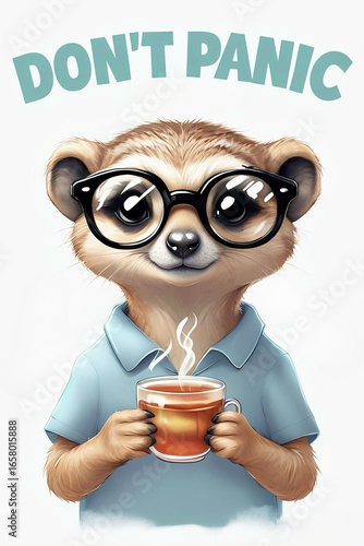 Funny meerkat wearing eyeglasses and a blue polo shirt, holding a glass of hot tea with steam, with the motivational message don't panic written above.