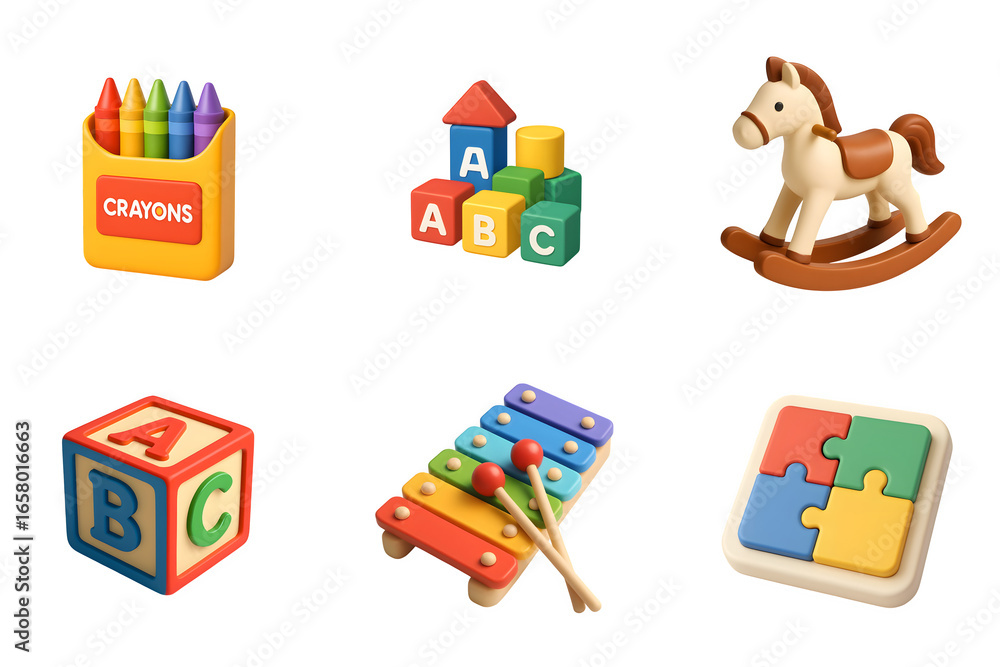 Naklejka premium Collection of classic children s educational toys including crayons building blocks a rocking horse alphabet blocks a xylophone and a puzzle