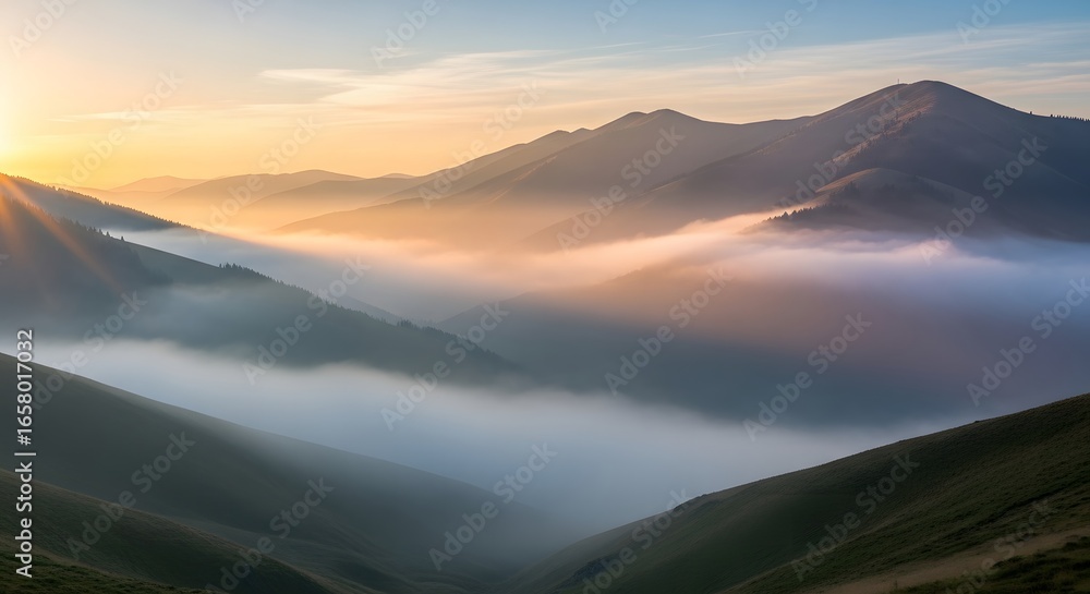 Fototapeta premium Misty mountain landscape at sunrise with warm sunlight and rolling hills