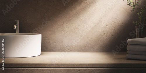 Modern natural granite bathroom counter for luxury beauty and spa product placcement. Premium cosmetic skin and body care brand display. Neutral aesthetic interior.