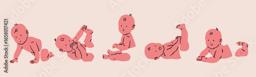 Little babies in different positions. Cute characters in invisible diapers. Playing, sitting, lying, crawling baby. Happy newborn boy or girl. Hand drawn Vector illustration. Isolated design elements 