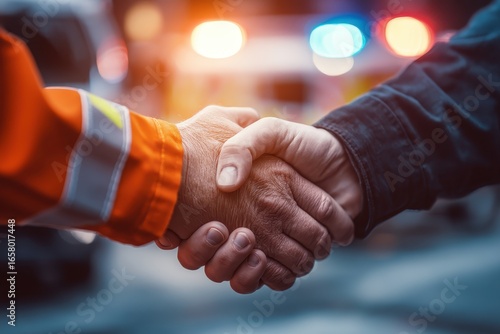 Handshake Between Two Individuals in Public Safety Situation at Night
