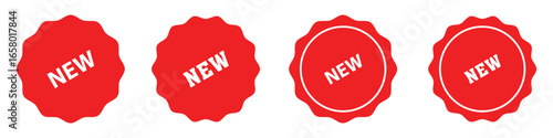 New arrival tags and stickers collection, Set of new sticker. Badges with word new. Red promotion labels for arrivals shop section. Vector illustration isolated on white background