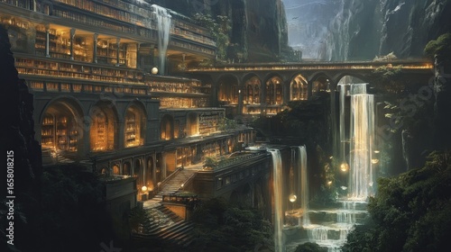 A magnificent library, nestled within a canyon, is illuminated by cascading waterfalls and warm, golden light.