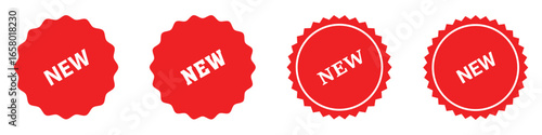 New arrival tags and stickers collection, Set of new sticker. Badges with word new. Red promotion labels for arrivals shop section. Vector illustration isolated on white background