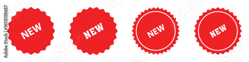 New arrival tags and stickers collection, Set of new sticker. Badges with word new. Red promotion labels for arrivals shop section. Vector illustration isolated on white background