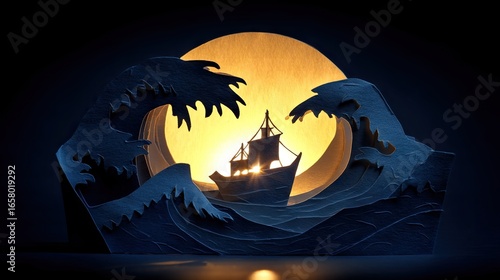 A papercraft scene of a ship navigating through dramatic waves under a luminous moon.