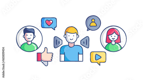 Social media marketing strategy for brand awareness and customer engagement illustration vector design