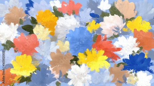 Vibrant blossoms in a cheerful, painterly array against a light blue backdrop.