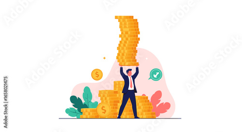 Ambitious businessman lifting a huge stack of golden coins celebrating financial success and wealth accumulation achievement