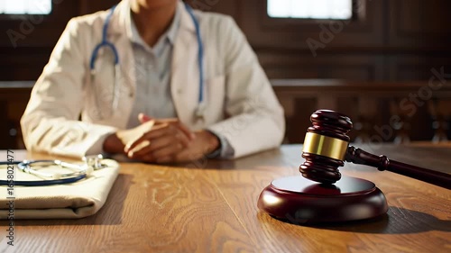 Medical professional considering legal consequences with gavel on table in courtroom