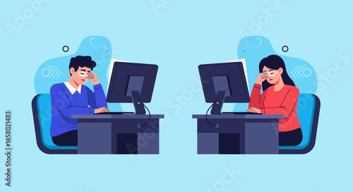 Young professionals feeling burned out and stressed while working long hours on computers in an office environment