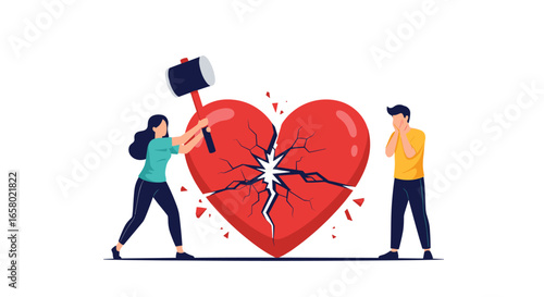 A woman uses a hammer to destroy a large broken red heart while a sad man watches the destruction of their relationship symbolizing heartbreak and separation