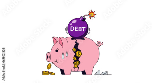 Financial crisis looming over broken piggy bank symbolizing mounting debt and economic instability