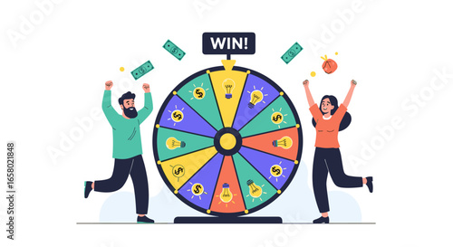 Excited people celebrating a successful wheel of fortune spin and winning cash prizes