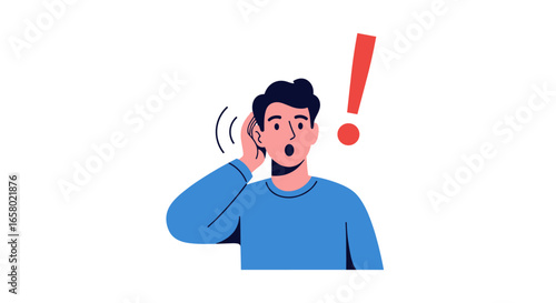 A man is cupping his ear to listen closely with an exclamation mark above his head signaling importance