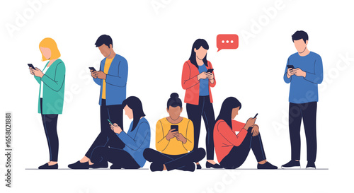 Young people using their smartphones absorbing digital content and interacting online in a modern way
