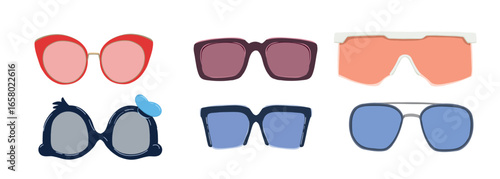 Sun Glasses set. Sun Glasses of different shapes and colors. Heart-shaped glasses. Classic Sun glasses shape and retro style. Set of Sun glasses on a white background.