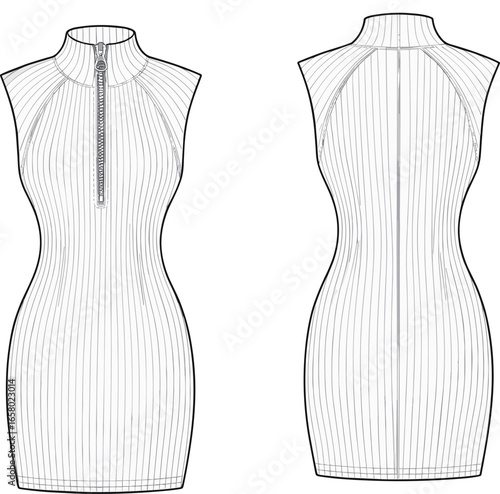 Cad drawing flat vector illustration, sleeveless dress technical sketch, high neck zipper front, fashion design template, garment construction layout