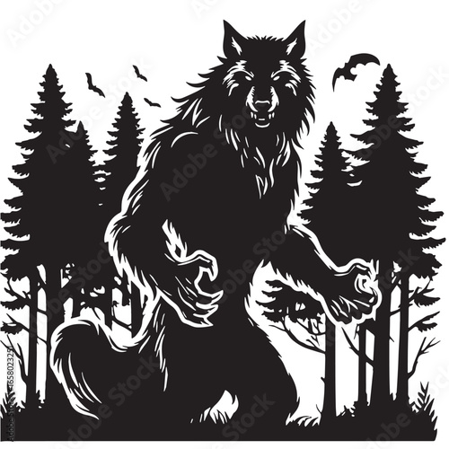 black Werewolf in forest Silhouette Vector, High Quality Illustration on White Background