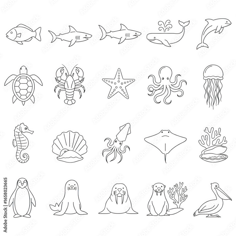 Fototapeta premium 2D outline icons on black. Fish, dolphin, turtle, jellyfish, seahorse, octopus, and penguin shapes arranged in grid