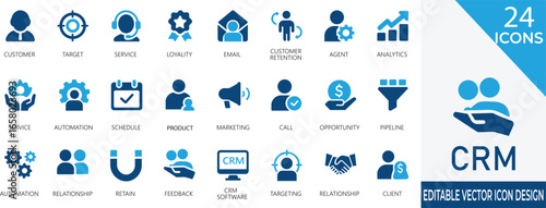 A clean and modern CRM icon set crafted for sales, customer management, and business growth. Perfect for dashboards, mobile apps, and marketing projects to enhance user engagement.