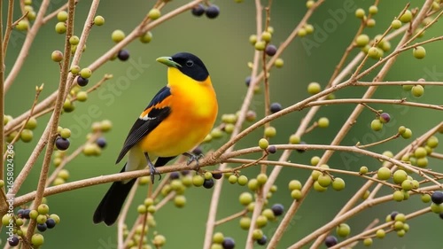 Vivid yellow and black bird perched on a branch laden with small berries, against a blurred green background.