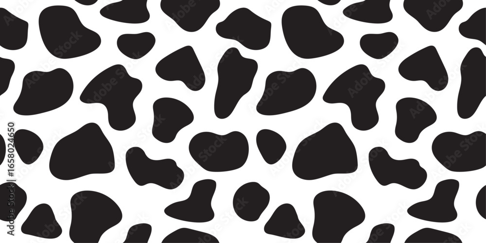 Dalmatian print texture. Seamless cow pattern. Black and white animal background woth irregular spots. Backdrop for textile design, wrapping paper, fabric, cover, wallpaper.