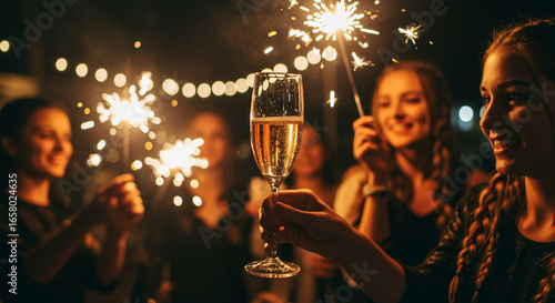 Wallpaper Mural Group of women celebrating with sparklers and champagne in the dark at an outdoor event Torontodigital.ca