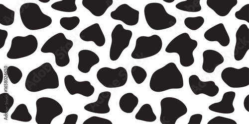 Dalmatian print texture. Seamless cow pattern. Black and white animal background woth irregular spots. Backdrop for textile design, wrapping paper, fabric, cover, wallpaper.
