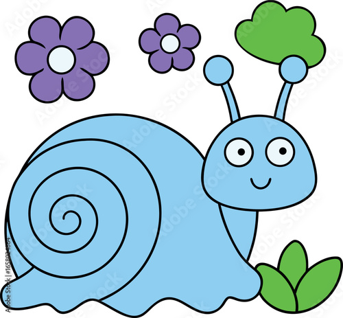 Happy snail crawling on the grass with flowers and leaves Vector illustration