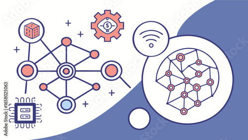 Blockchain technology network diagram with ai chip and data analysis for decentralized system and security