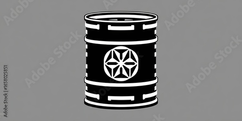Black and white barrel with stylized design