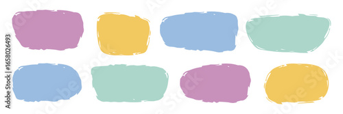 Brush drawn rectangle text box set. Playful doodle highlighting quote frame. Empty speech bubble. Children modern textbox template collection. Social media, poster, banner, collage design element