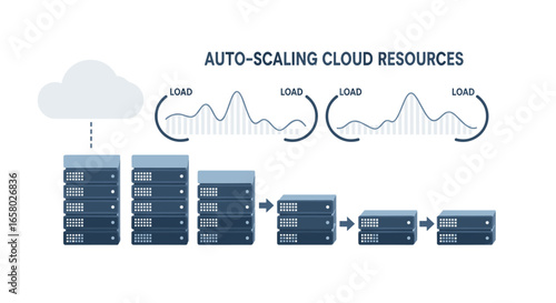 Illustration depicting auto-scaling cloud resources, showing server capacity adjusting to varying load levels, emphasizing scalability and efficiency in cloud computing environments.